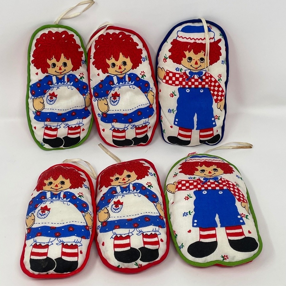 Vintage Raggedy Ann & Andy Fabric Ornaments Lot of 6 - Handmade Puffy Pillow